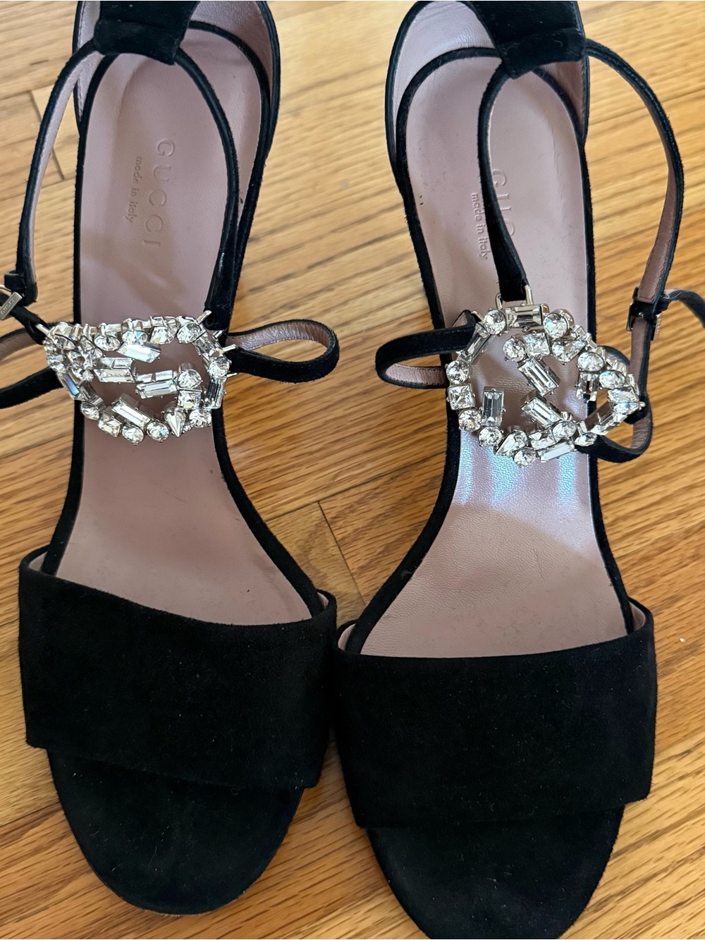 Gucci Black Suede Crystal Buckle Ankle-Strap Heels